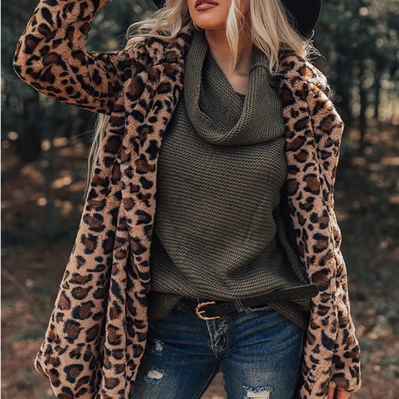 leopard animal print plush coat lapel jacket - Picture 3 of 5